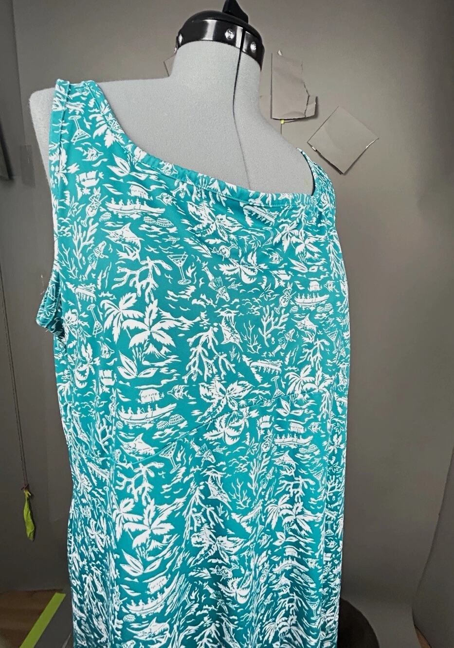 Columbia PFG Teal White Fish Novelty Scoop Neck Knee A-Line Dress 2X/2T